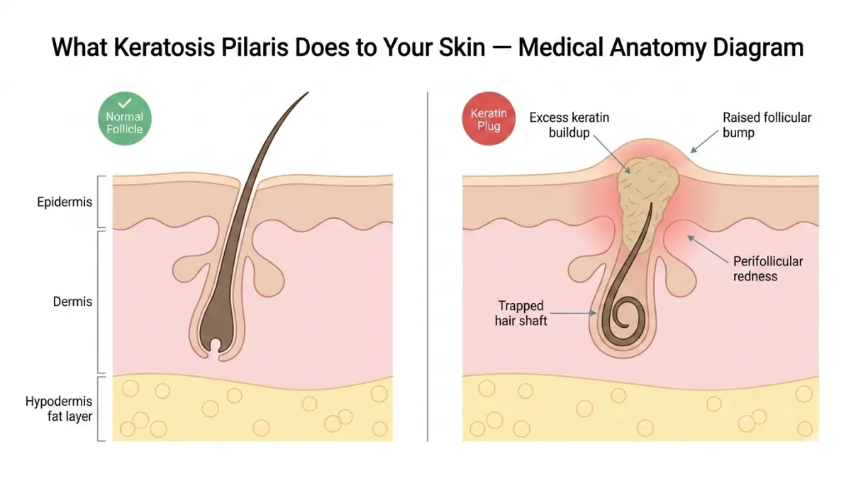Keratosis Pilaris Treatment medical anatomy diagram showing normal hair follicle vs keratin plug blockage in keratosis pilaris skin cross-section