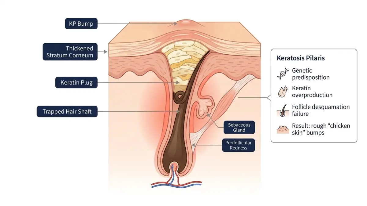 KP treatment medical anatomy diagram showing hair follicle cross section with keratin plug blocking the follicle opening in keratosis pilaris