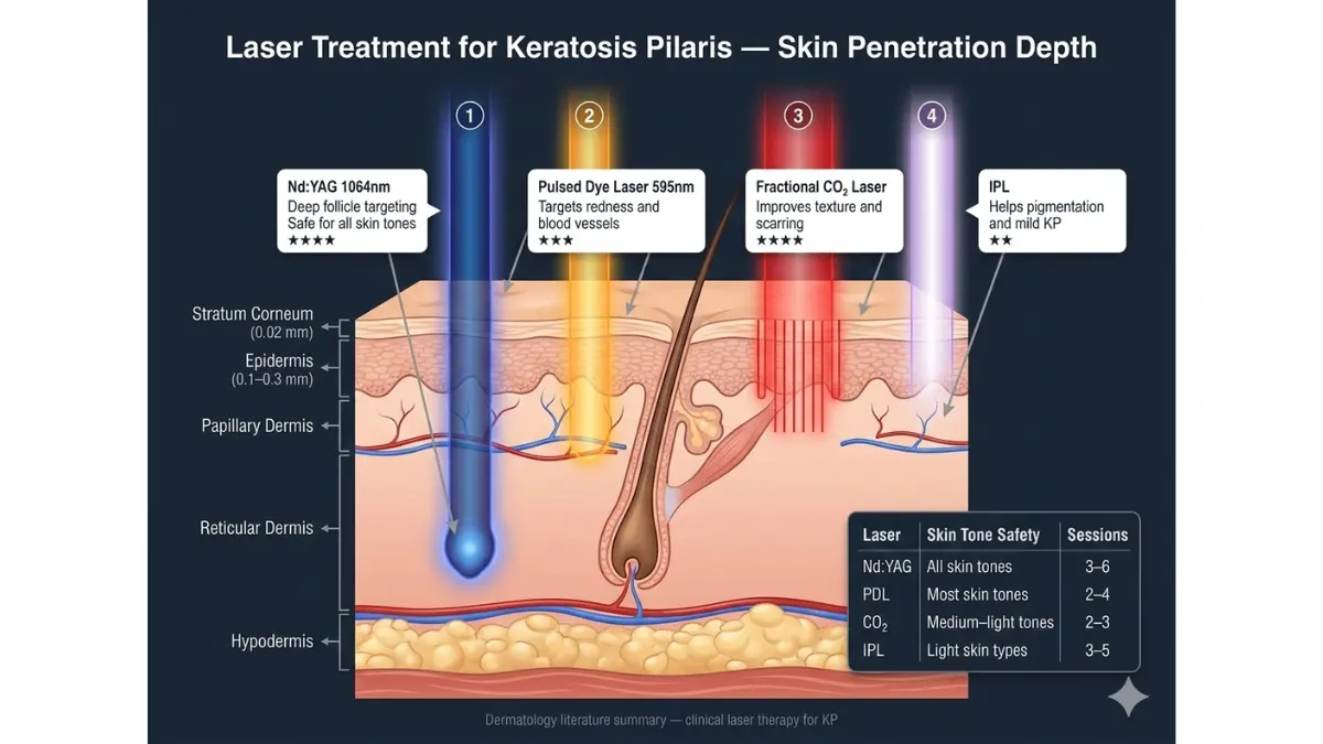 KP treatment laser penetration medical diagram comparing Nd:YAG pulsed dye laser fractional CO2 and IPL depths in skin layers