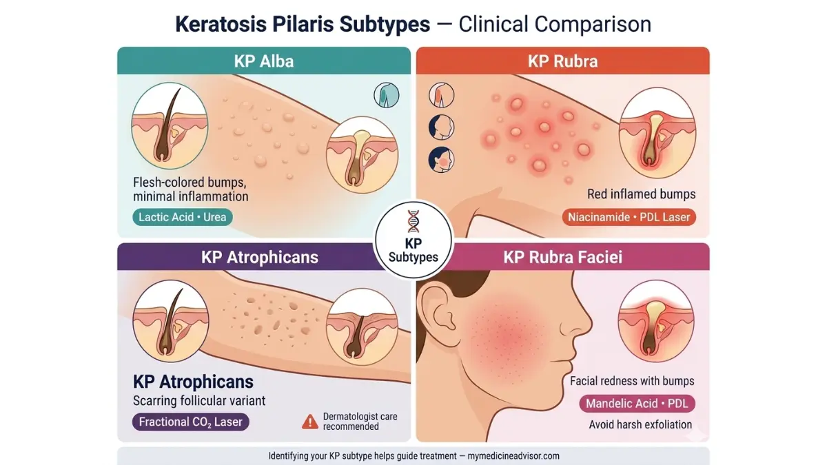 KP treatment medical comparison diagram showing keratosis pilaris subtypes alba rubra atrophicans and rubra faciei with skin anatomy differences