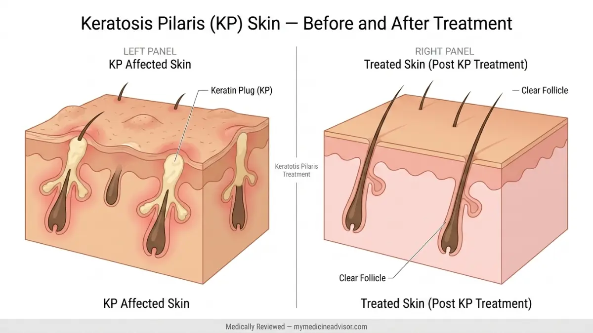 KP treatment medical anatomy illustration showing keratosis pilaris skin cross section before and after treatment with keratin plug and clear follicle
