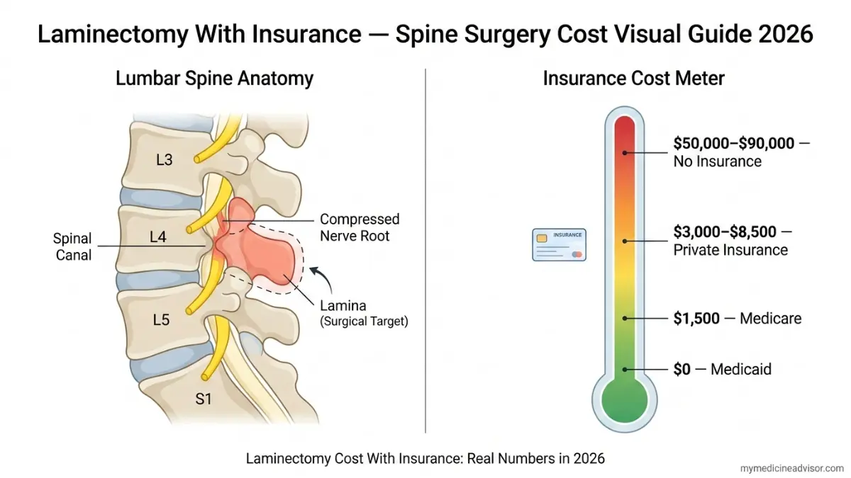 Medical anatomy vector diagram showing lumbar spinal stenosis at L4-L5 and insurance cost comparison meter for Laminectomy With Insurance in 2026