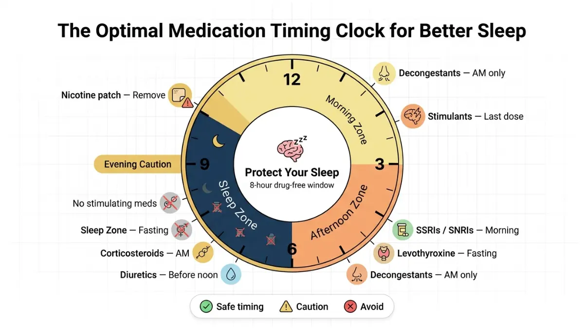 Medications That Cause Insomnia infographic showing optimal medication timing on a 24 hour clock to prevent sleep disruption and improve sleep quality