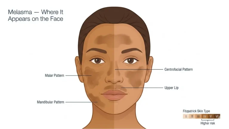 Medical anatomy diagram showing Melasma patch distribution on a female face including malar, centrofacial and mandibular patterns