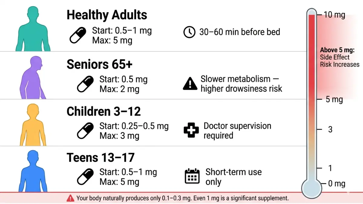 Melatonin dosage chart by age showing safe dose for children adults teens and seniors