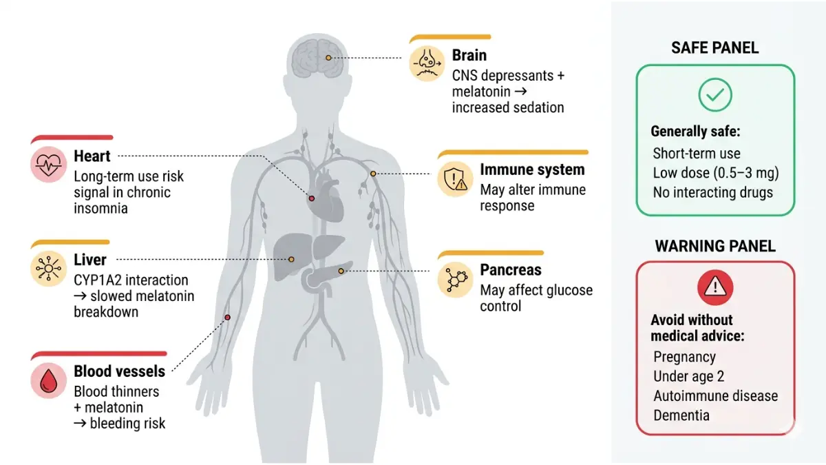 Melatonin drug interactions anatomy diagram showing effects on brain heart liver blood sugar and immune system
