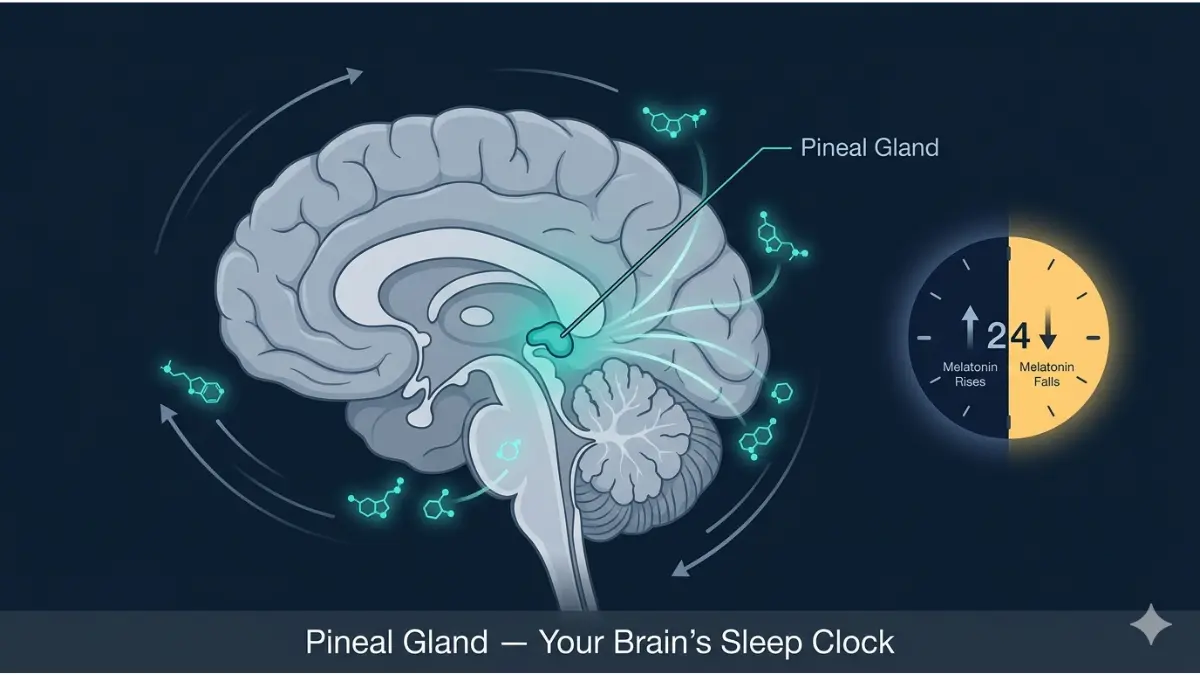 Melatonin pineal gland brain anatomy diagram showing sleep hormone release and circadian rhythm