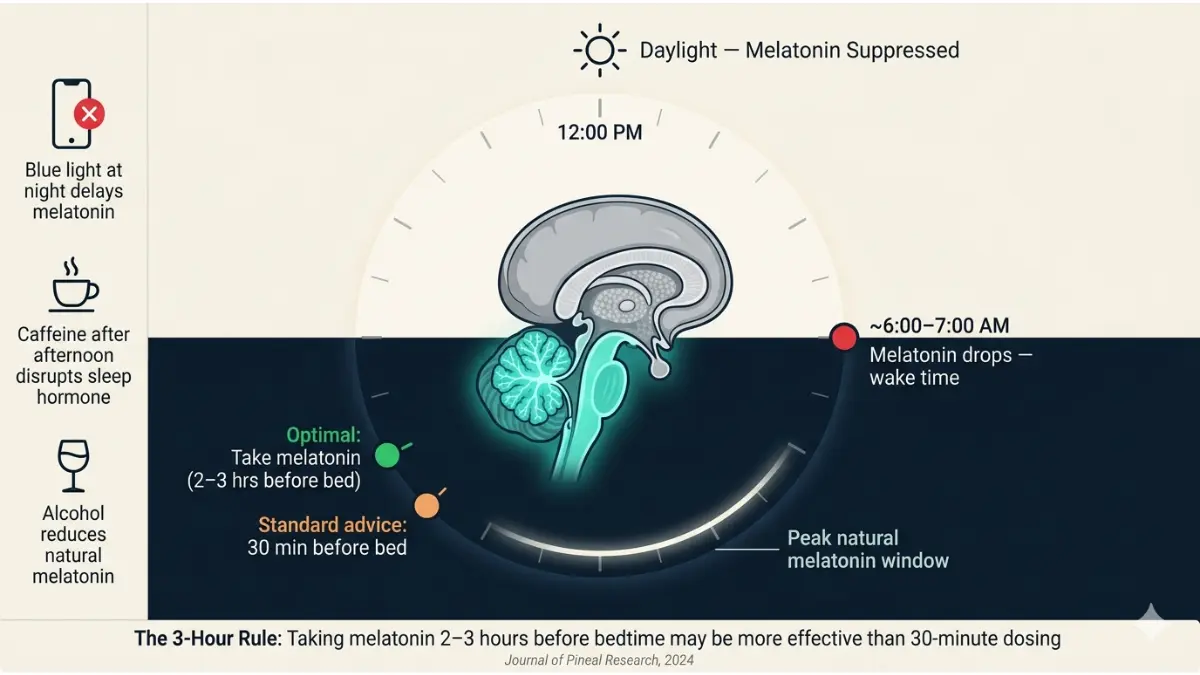 Melatonin timing circadian rhythm clock showing best time to take melatonin for sleep