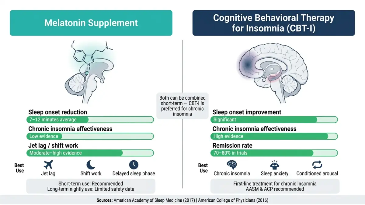 Melatonin vs CBT-I comparison chart showing effectiveness for insomnia and sleep improvement