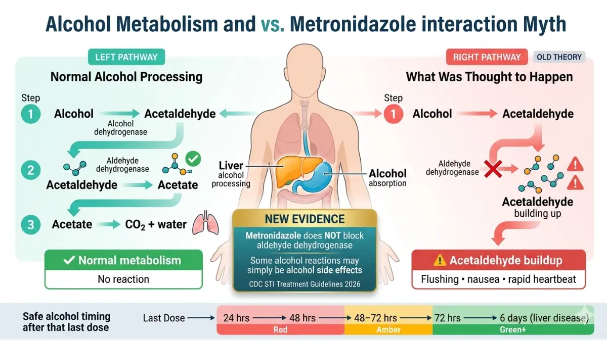 metronidazole alcohol interaction diagram explaining how metronidazole affects alcohol metabolism and acetaldehyde buildup theory