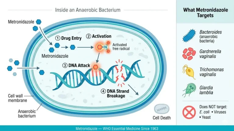 metronidazole mechanism of action diagram showing how metronidazole enters anaerobic bacteria, activates into free radicals, and breaks bacterial DNA strands