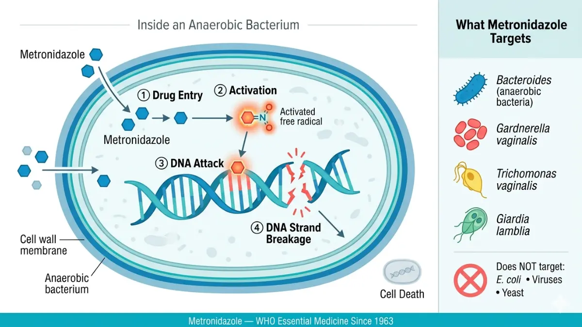 metronidazole mechanism of action diagram showing how metronidazole enters anaerobic bacteria, activates into free radicals, and breaks bacterial DNA strands
