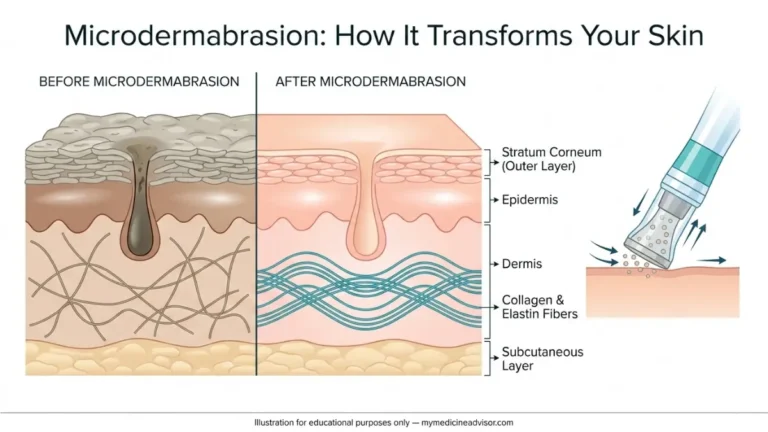 microdermabrasion before and after skin anatomy diagram showing removal of dead skin cells, pore cleansing, and smoother collagen structure