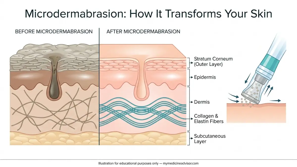 microdermabrasion before and after skin anatomy diagram showing removal of dead skin cells, pore cleansing, and smoother collagen structure