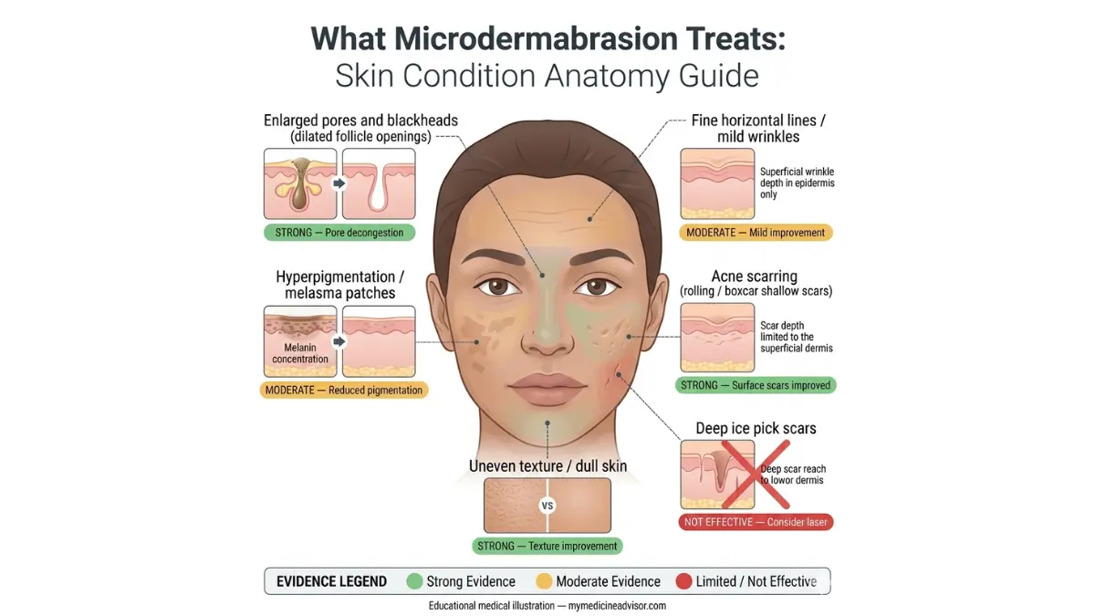microdermabrasion treatment guide showing effectiveness for acne scars, enlarged pores, hyperpigmentation, fine lines, and uneven skin texture