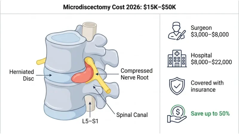 Microdiscectomy Cost 2026 lumbar spine anatomy diagram showing herniated disc compressing spinal nerve root with surgery cost overview