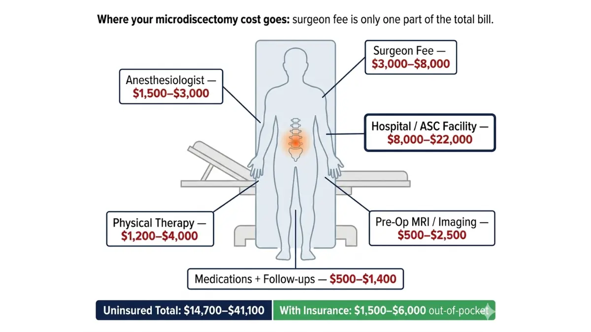 Microdiscectomy Cost breakdown anatomy diagram showing surgeon fee anesthesia hospital facility MRI physical therapy and medication costs