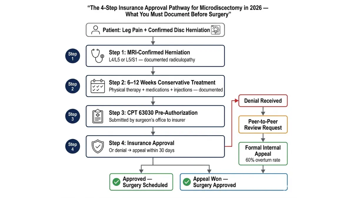 Microdiscectomy Cost insurance approval pathway flowchart showing MRI confirmation conservative therapy documentation CPT 63030 authorization and appeal process