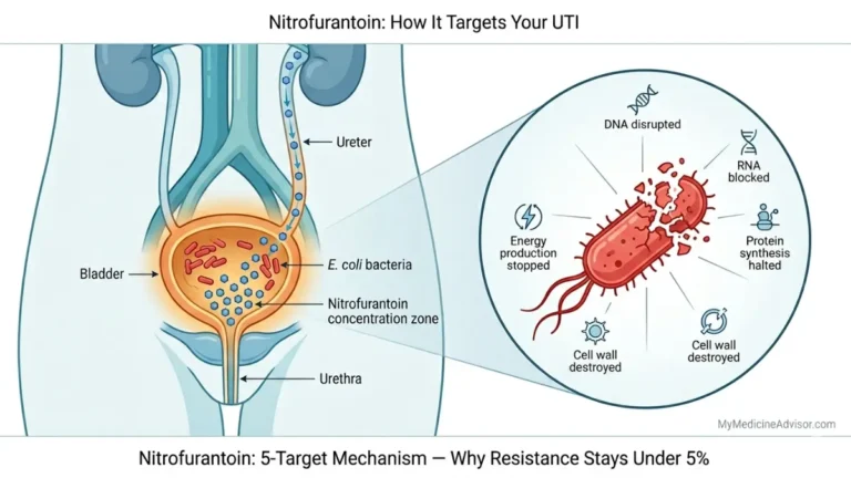 Nitrofurantoin medical anatomy vector illustration showing how Nitrofurantoin concentrates in the bladder to destroy UTI-causing E. coli bacteria through multiple mechanisms