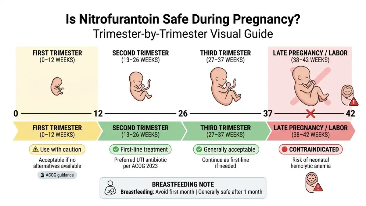 Nitrofurantoin pregnancy safety chart showing Nitrofurantoin use by trimester with safe second trimester use and contraindication near delivery