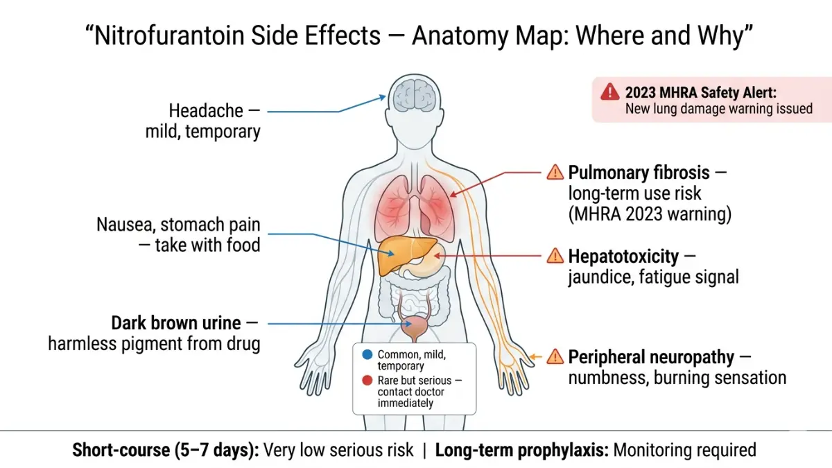 Nitrofurantoin side effects anatomy map showing how Nitrofurantoin affects lungs, liver, nerves, stomach, and bladder with common and serious reactions