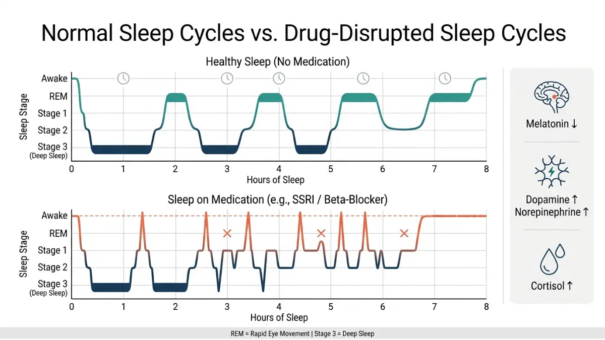 Medications That Cause Insomnia hypnogram diagram comparing normal sleep cycles versus drug disrupted sleep architecture with REM suppression and fragmented sleep stages