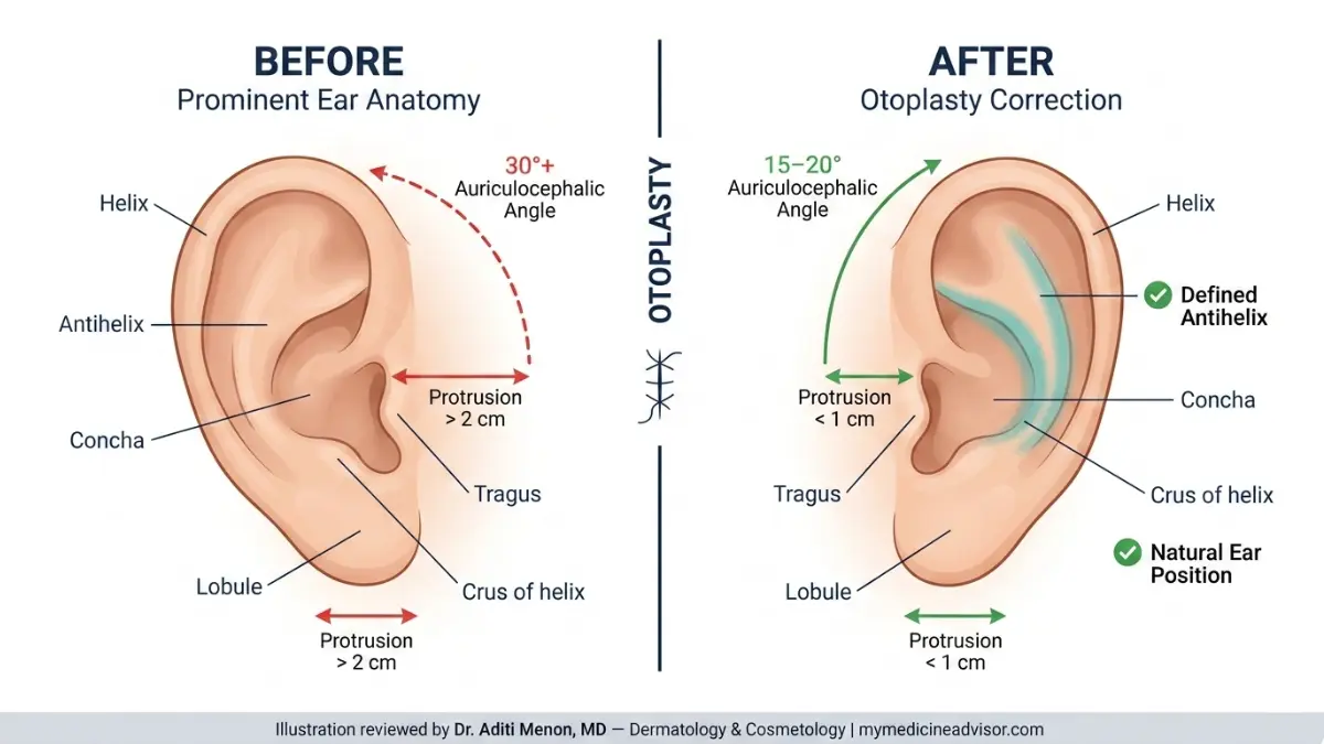 otoplasty cost ear anatomy diagram showing before and after prominent ear correction with antihelix formation, auriculocephalic angle change and ear protrusion measurement for otoplasty surgery 2026