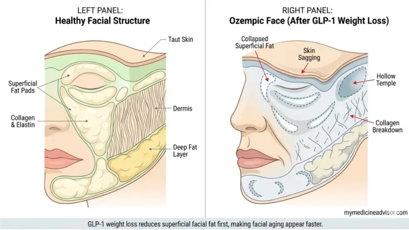 Ozempic Face anatomy diagram showing healthy facial fat structure vs fat loss and skin sagging caused by Ozempic Face