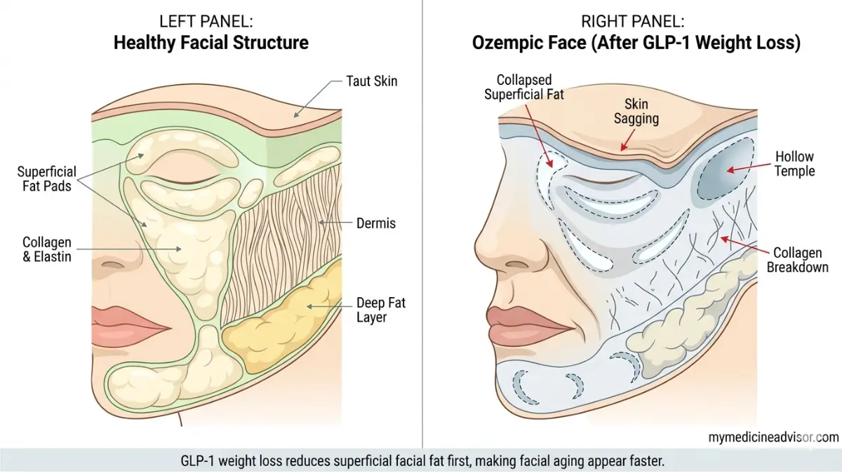Ozempic Face anatomy diagram showing healthy facial fat structure vs fat loss and skin sagging caused by Ozempic Face
