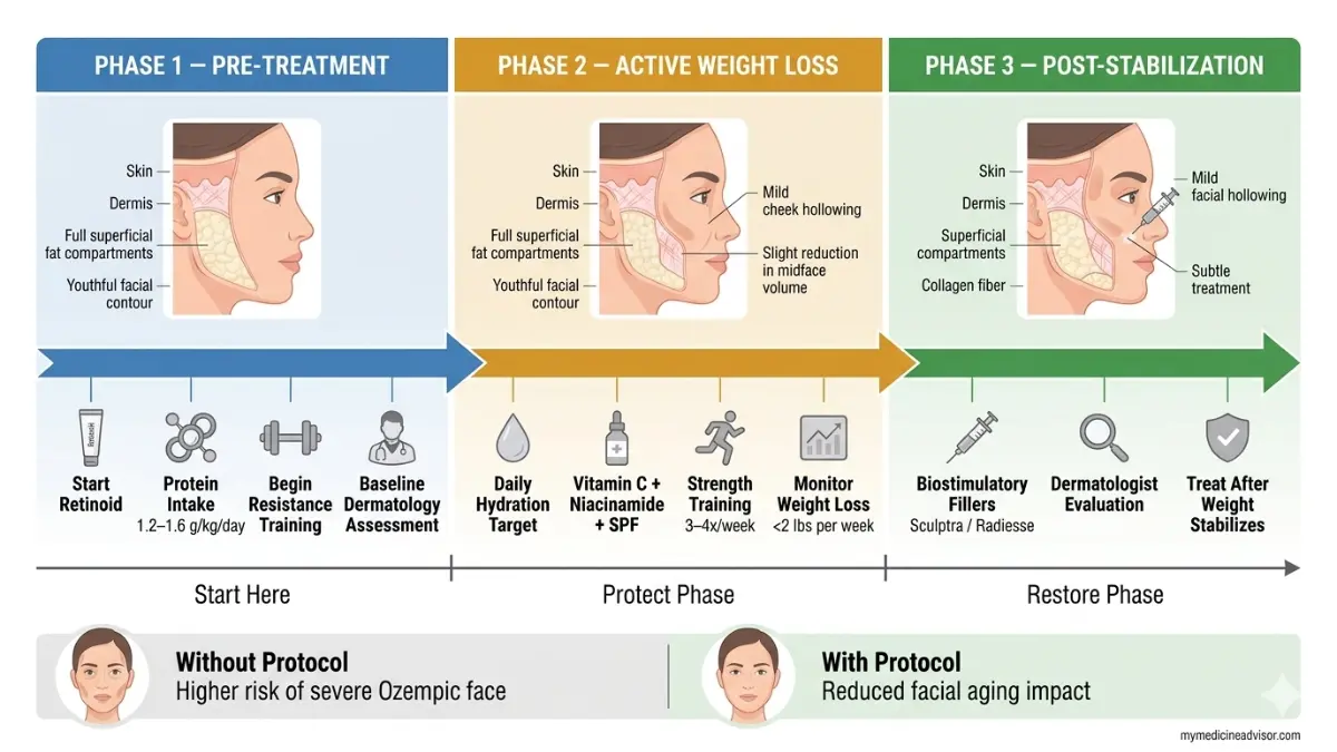 Ozempic Face prevention protocol showing three phase medical strategy before during and after weight loss to reduce Ozempic Face risk