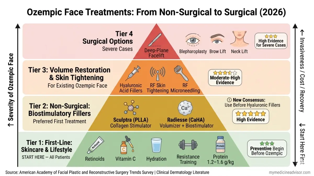Ozempic Face treatment pyramid showing skincare fillers radiofrequency procedures and surgical treatments used to correct Ozempic Face