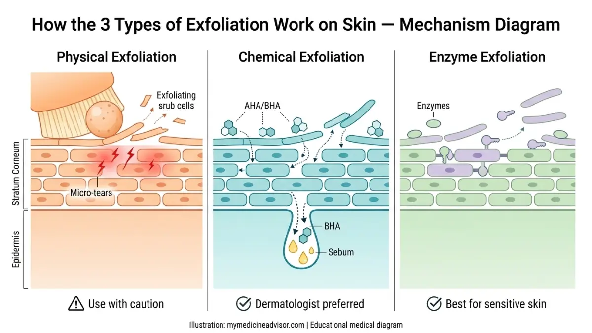 Medical illustration explaining how physical, chemical AHA BHA, and enzyme Exfoliating methods remove dead skin cells from the stratum corneum