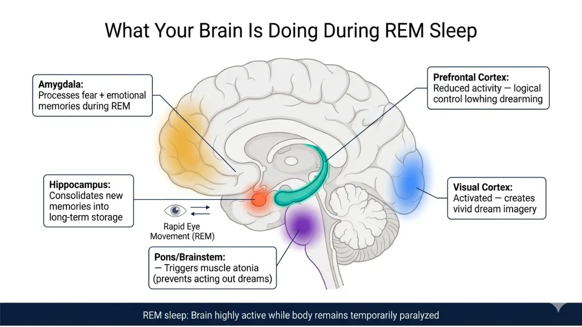 REM Sleep brain anatomy diagram showing active regions during dreaming and memory processing