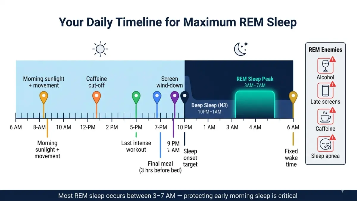 REM Sleep circadian rhythm timeline showing daily habits that impact REM sleep quality