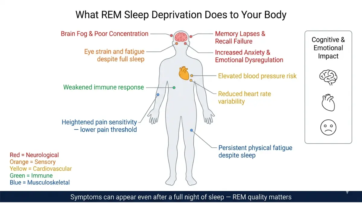 REM Sleep deprivation effects on body showing neurological physical and immune symptoms