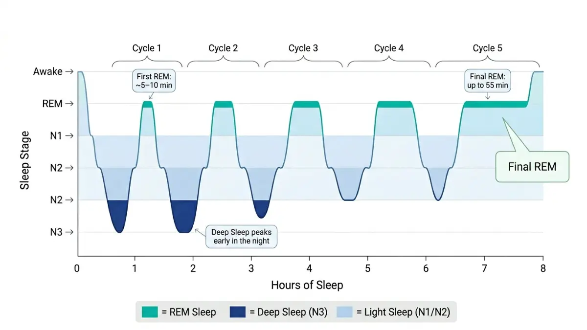 REM Sleep hypnogram showing sleep cycles and REM stage progression across the night
