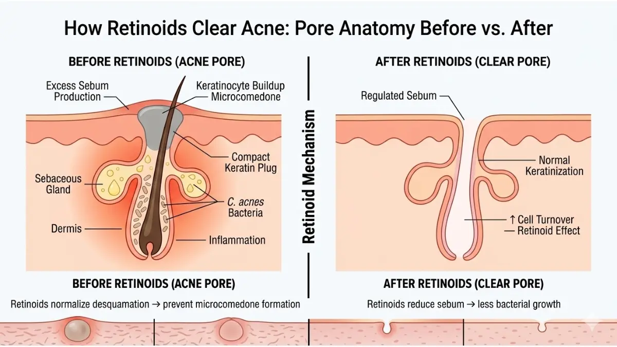 Retinoids acne pore anatomy diagram showing clogged follicle before treatment and clear pore after Retinoids normalize keratinization