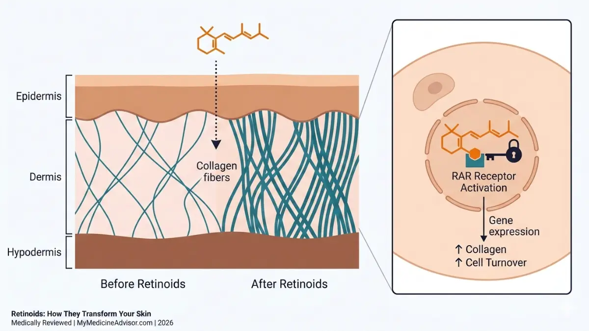 Retinoids skin mechanism anatomy diagram showing how Retinoids stimulate collagen production and increase skin cell turnover in epidermis and dermis