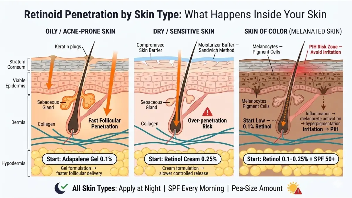 Retinoids penetration diagram comparing oily skin dry skin and skin of color showing how Retinoids move through epidermis dermis and skin barrier