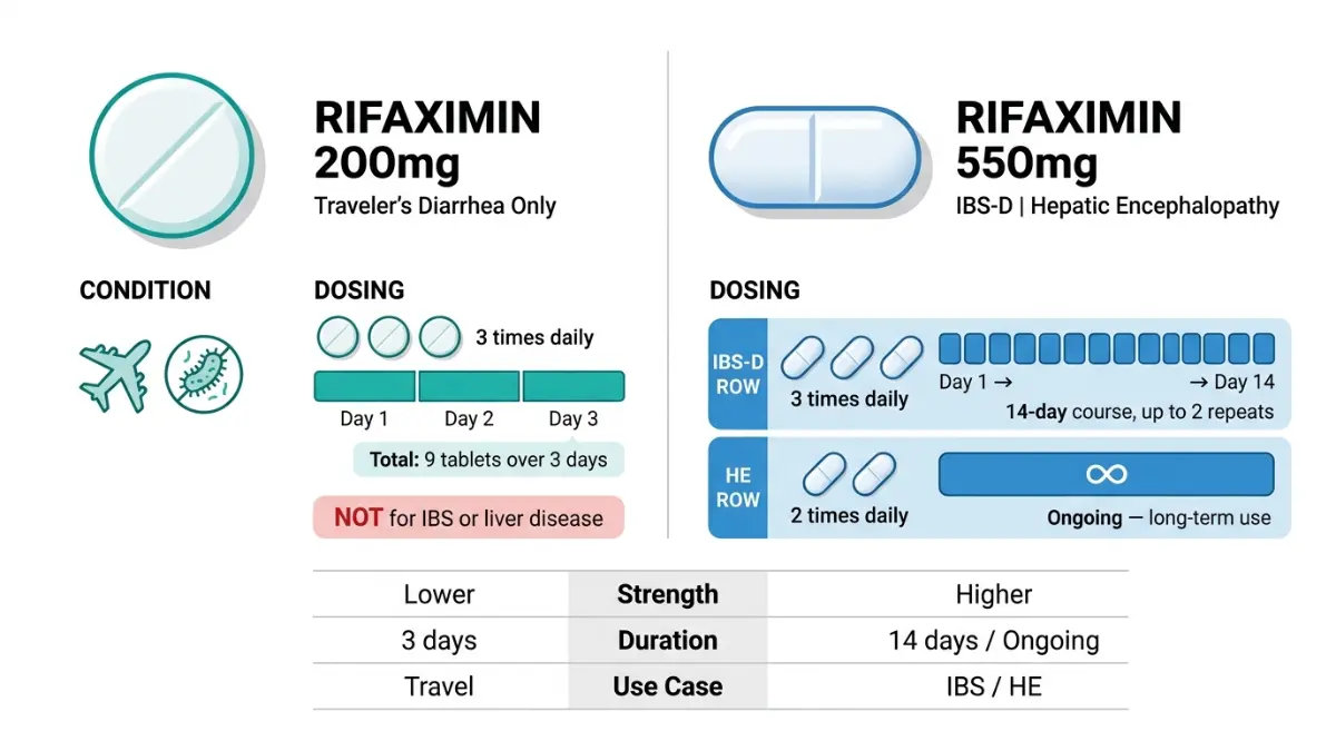 Rifaximin dosage comparison chart showing 200mg vs 550mg tablet strength duration and treatment uses visual guide 2026