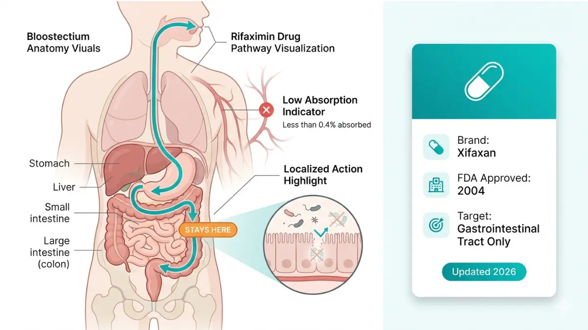 Rifaximin gut-targeted antibiotic anatomy diagram showing drug pathway through gastrointestinal tract with minimal absorption 2026