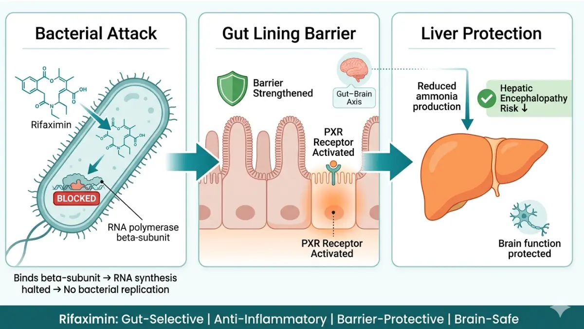 Rifaximin mechanism of action diagram showing bacterial RNA polymerase inhibition gut brain axis and liver protection 2026