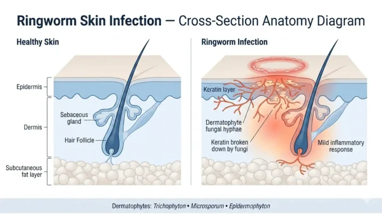 ringworm treatment medical anatomy diagram showing dermatophyte fungi invading the epidermis layers in ringworm skin infection cross-section