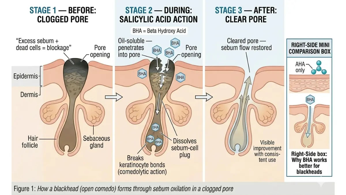 Blackhead removal mechanism diagram showing how salicylic acid BHA penetrates into a clogged pore and dissolves the blockage