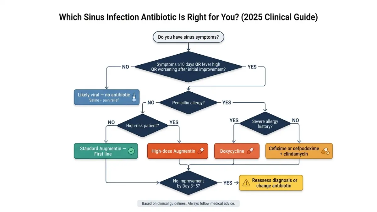 Sinus Infection Antibiotics decision flowchart based on 2025 clinical guidelines including penicillin allergy and risk factors