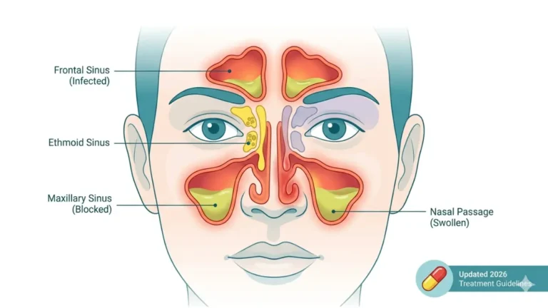 Sinus Infection Antibiotics anatomy diagram showing inflamed frontal and maxillary sinuses with mucus blockage and swollen nasal passage