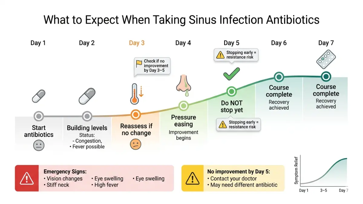 Sinus Infection Antibiotics recovery timeline showing day by day symptom improvement and when to reassess treatment