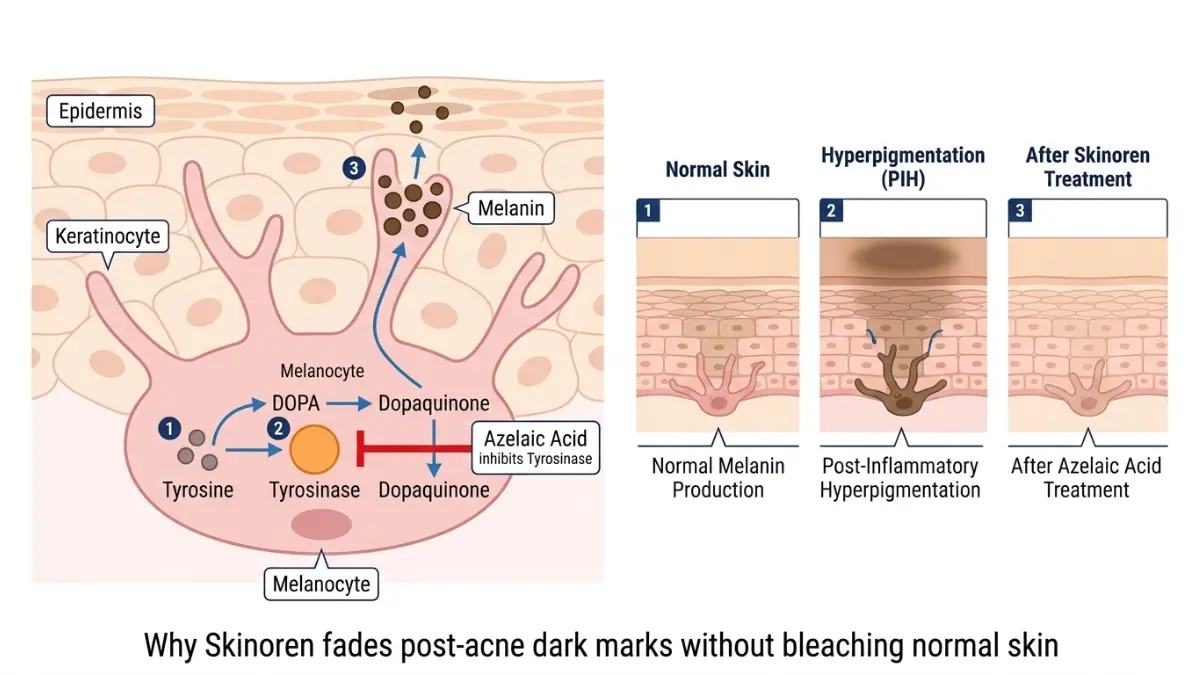 Skinoren azelaic acid tyrosinase inhibition diagram showing melanocyte melanin production pathway and reduction of dark spots