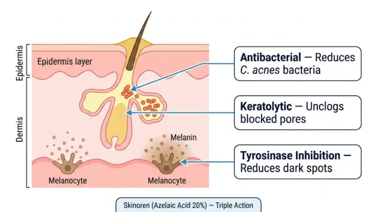 Skinoren triple action mechanism medical diagram showing antibacterial effect, unclogging pores and reducing melanin production in skin