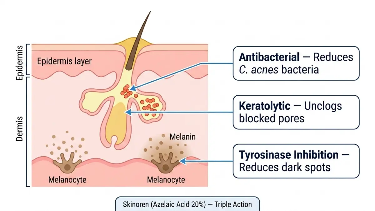 Skinoren triple action mechanism medical diagram showing antibacterial effect, unclogging pores and reducing melanin production in skin